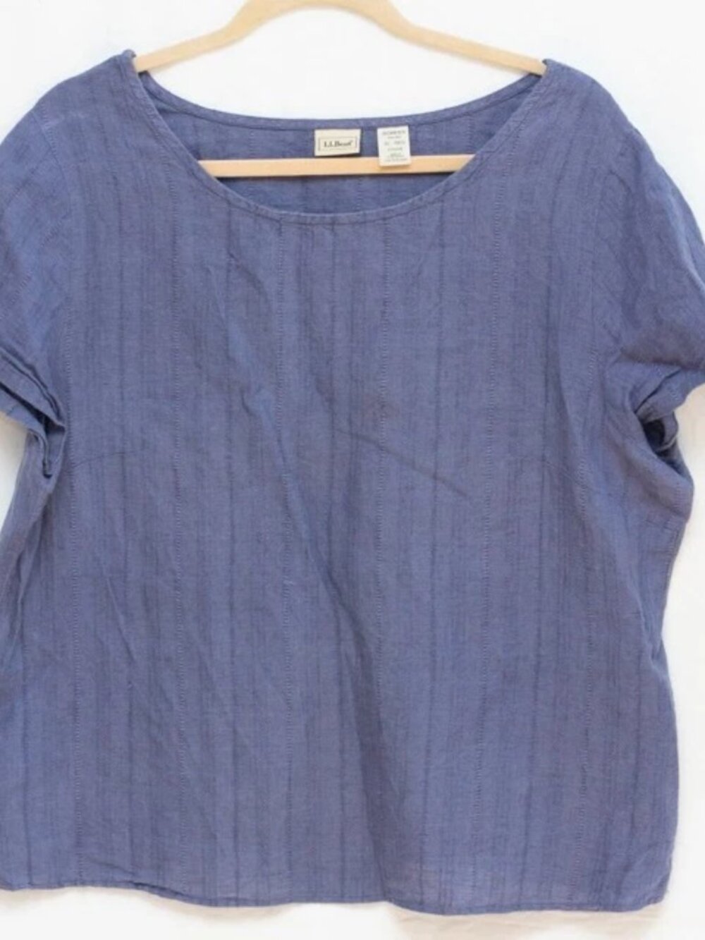 VGT LL BEAN 100% Linen Short Sleeve Top Blouse Boxy Baby Blue Textured Size XL